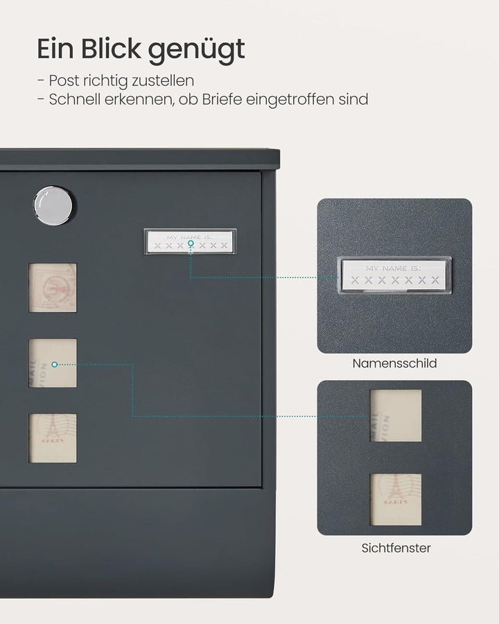 SONGMICS Wandbriefkasten, mit Schloss mit Drehdeckel, Sichtfenster, Namensschild, Zeitungsfach, einf