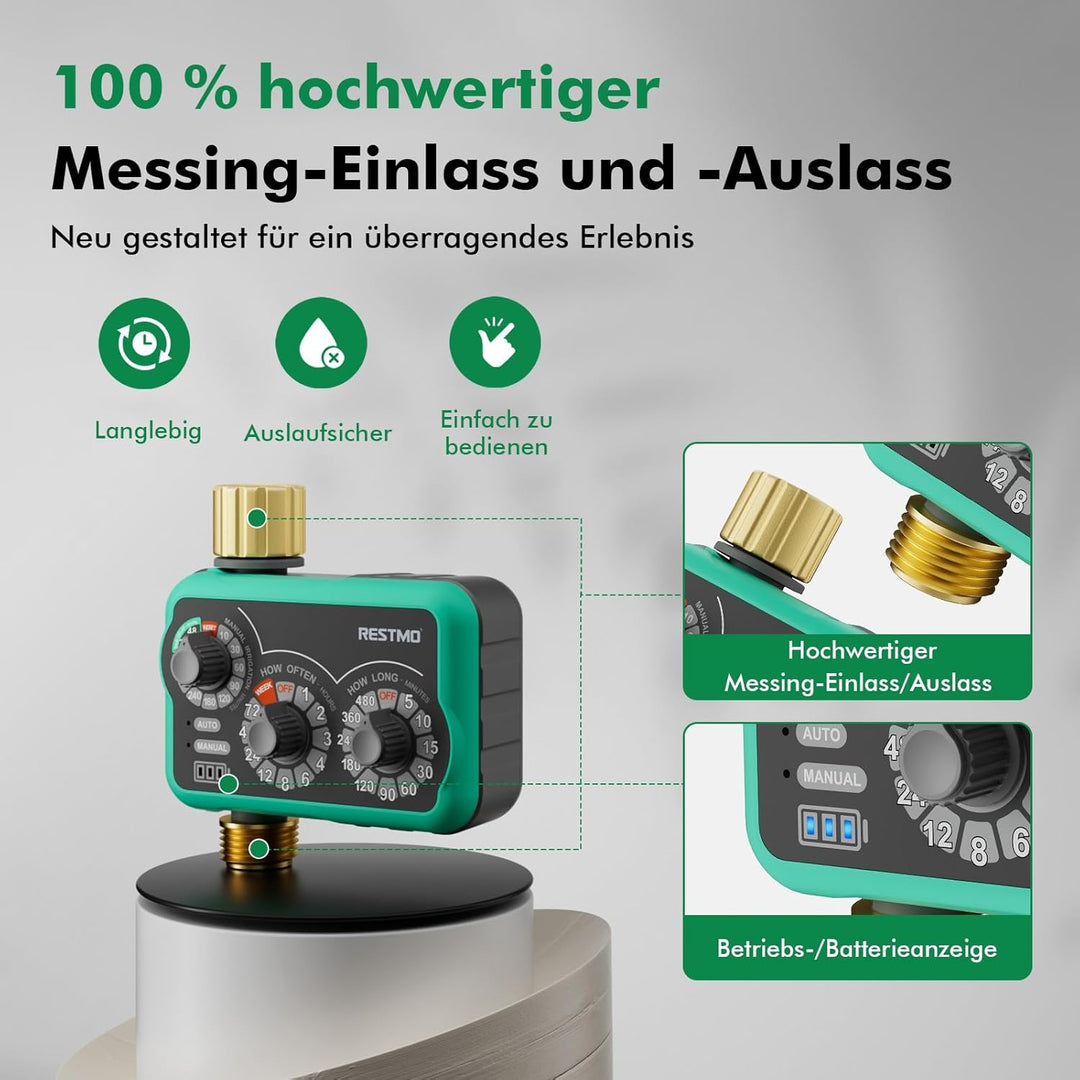 RESTMO Mechanischer Bewässerungscomputer mit 3 Drehreglern, Messing Einlass & Auslass, Zeitschaltuhr