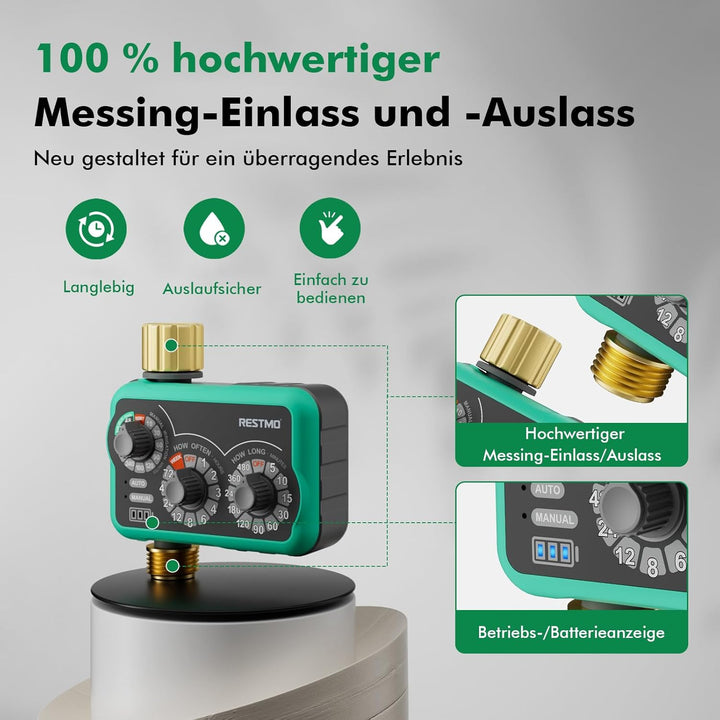 RESTMO Mechanischer Bewässerungscomputer mit 3 Drehreglern, Messing Einlass & Auslass, Zeitschaltuhr