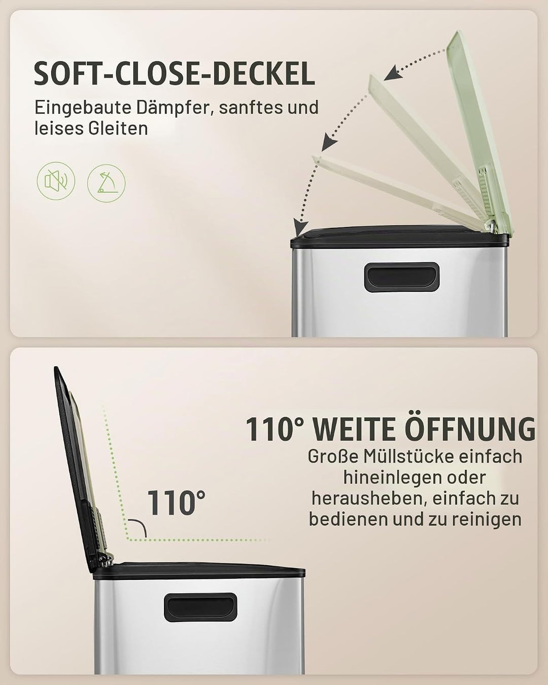 Hzuaneri Mülleimer Küche, 2 x 30 L, Mülltrennsystem 2 Fächer, Mülleimer mit Farbigem Soft-Close-Deck