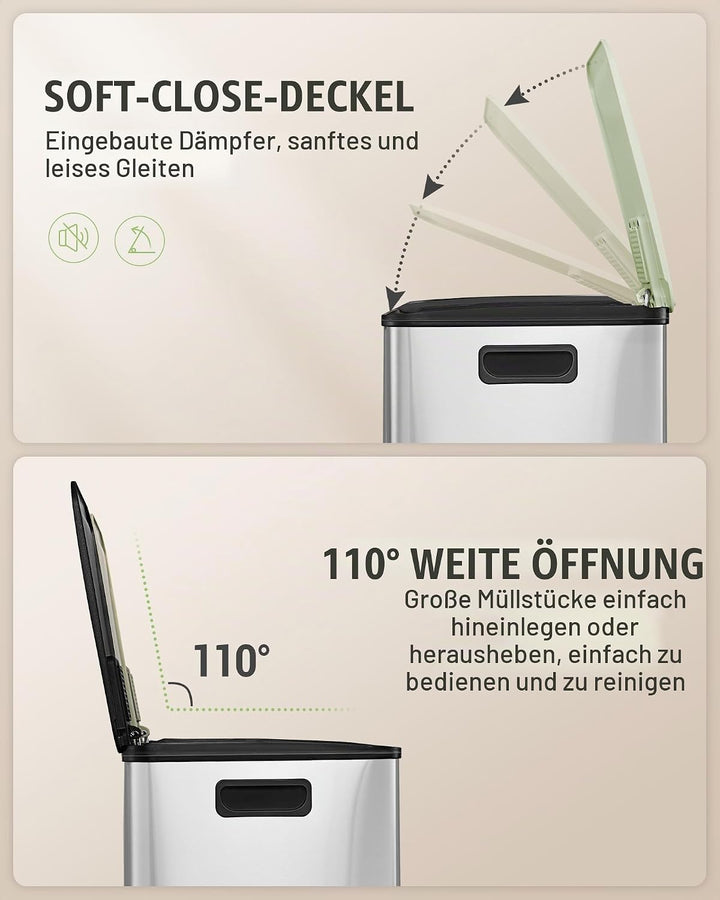 Hzuaneri Mülleimer Küche, 2 x 30 L, Mülltrennsystem 2 Fächer, Mülleimer mit Farbigem Soft-Close-Deck