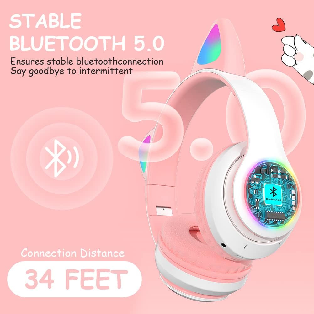 AXFEE Kopfhörer Kinder, Kinderkopfhörer Bluetooth, Mädchen Katzenohr Over-Ear mit LED-licht Faltbare