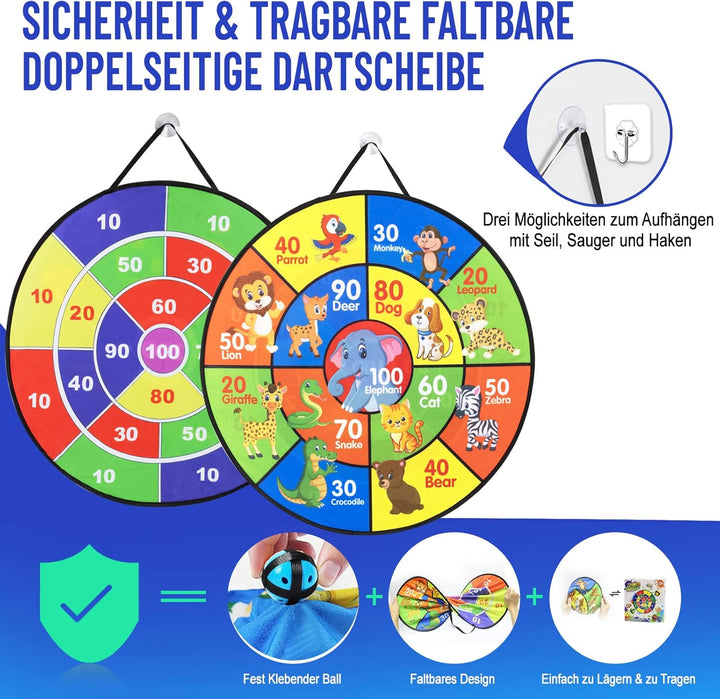 Kinder Klett Dartscheibe, Faltbares Doppelseitiges Spielzeug Dartscheibe mit Tier Motiven und Zahlen