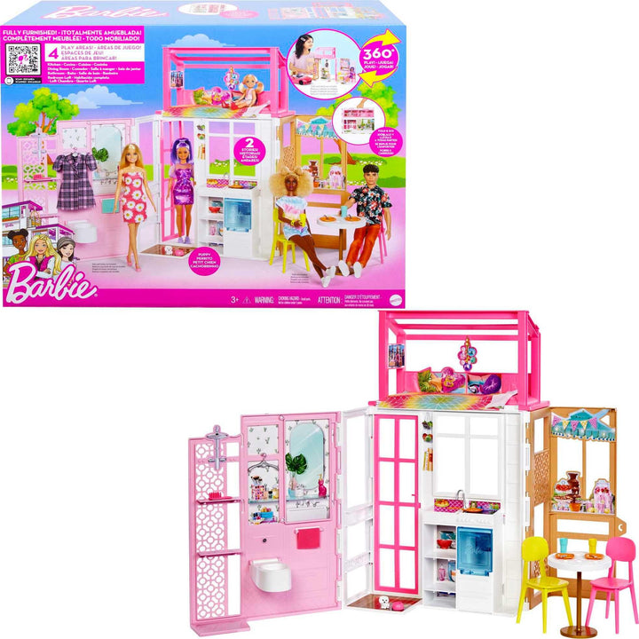 Barbie-Haus mit 4 Spielbereichen, Küche, Bad, Schlafzimmer, Esszimmer, komplett eingerichtet mit Bar