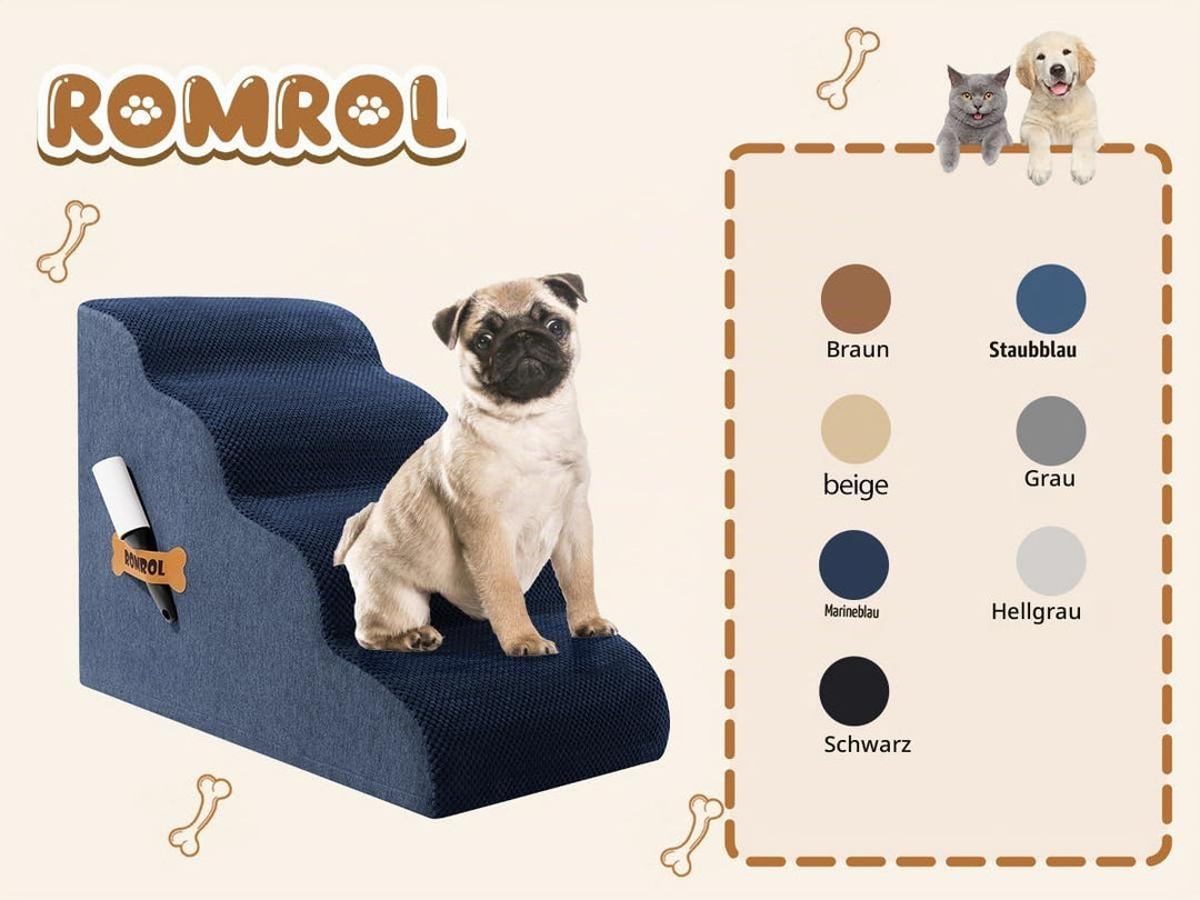 ROMROL Hundetreppe 4 Stufen – rutschfeste Haustiertreppe für kleine Hunde &amp; Katzen – Waschbarer Bezu