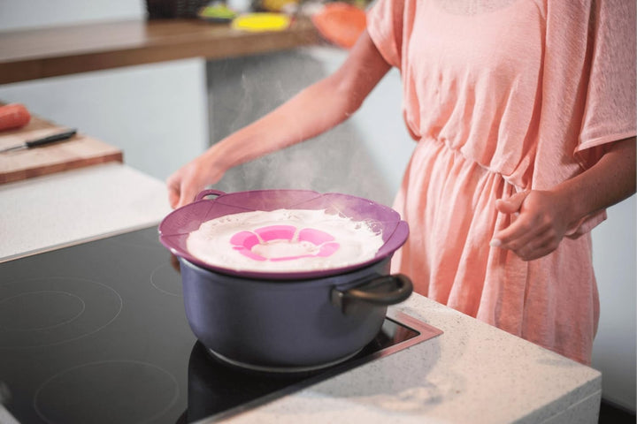 Kochblume, Überkochschutzdeckel in Blumenform, Grösse: L, Silikon, rosa, 33 cm