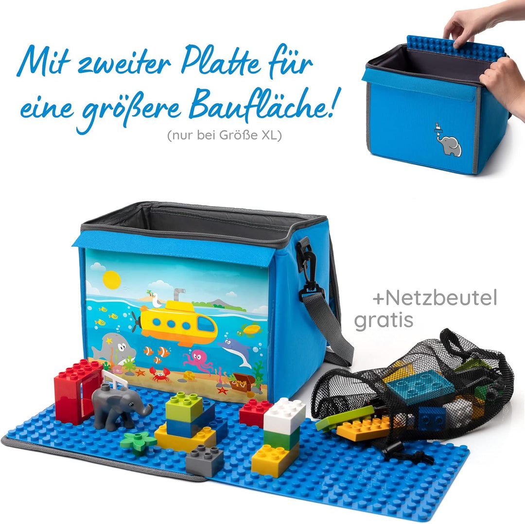 fantifant Baustein-Tasche mit ausklappbarer Bauplatte | meerblau Grösse L I kompatibel mit Lego Dupl