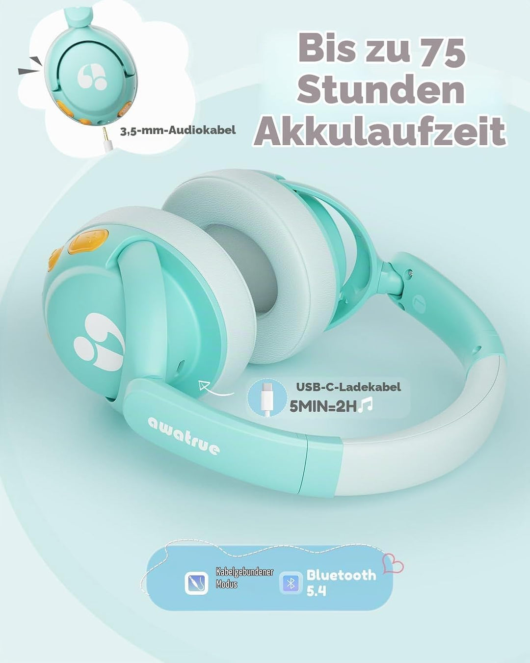 Bluetooth Kopfhörer Kinder, 85dBA Sicheres Volumen, Bluetooth 5.4, BPA Frei/CPC Zertifiziert, 75 Std