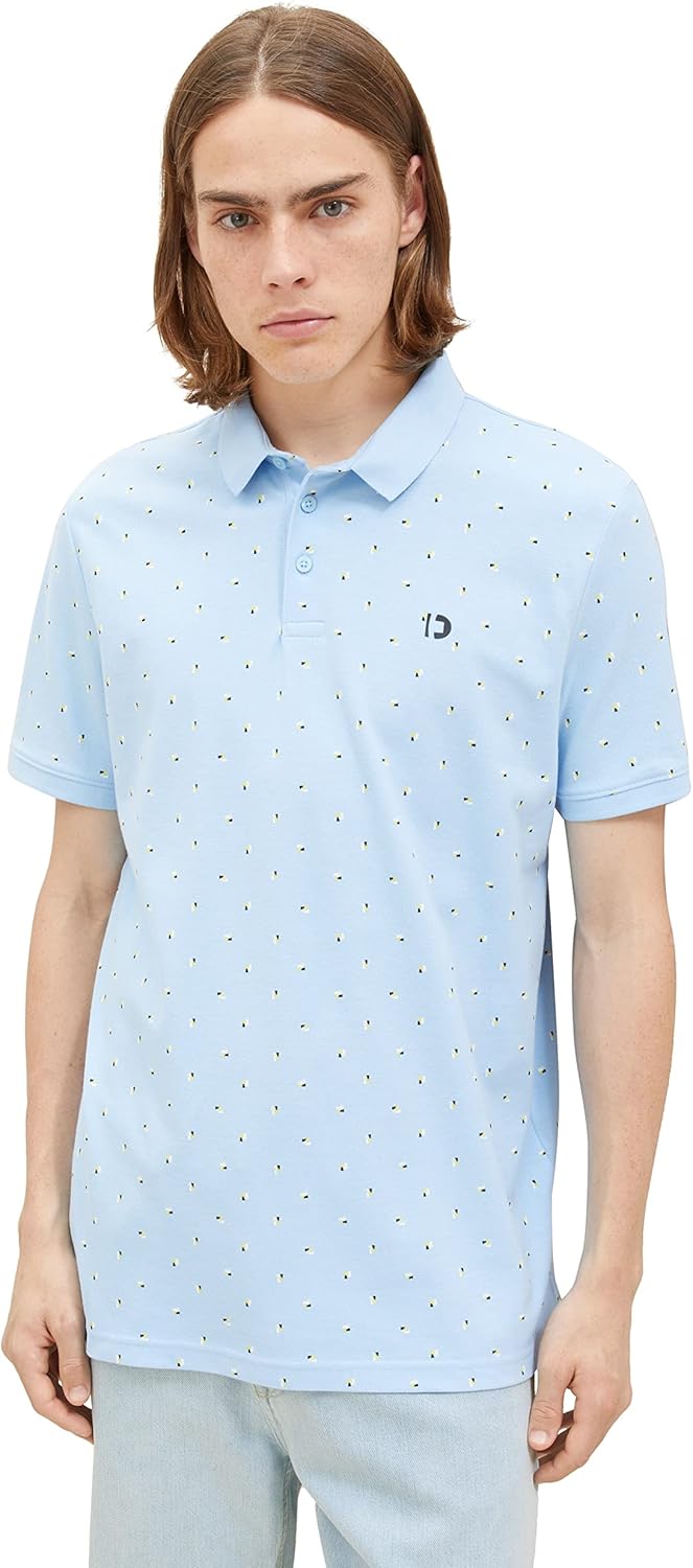 TOM TAILOR Denim Herren Denim Poloshirt mit Allover-Print aus Baumwolle L 32485 - Blue Multicolor Mi