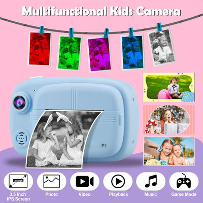 Misilmp Sofortbildkamera Kinder, Digital Kinderkamera 3.5" Zero-Ink-Druckpapier und 32GB TF-Karte,10