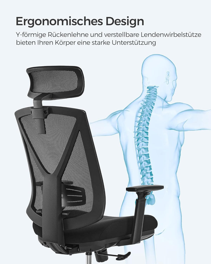 SONGMICS Bürostuhl mit Fussstütze, Ergonomischer Schreibtischstuhl mit Lordosenstütze, verstellbare