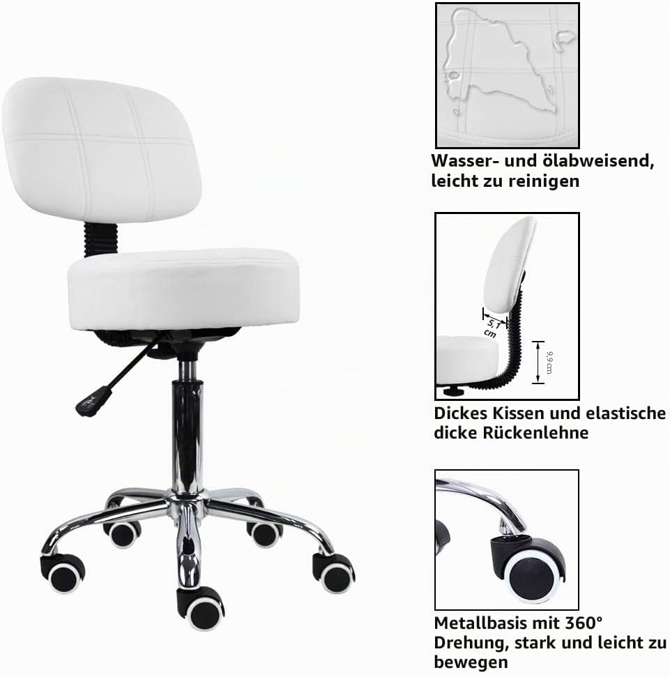 KKTONER Rollhocker Arbeitshocker mit Rückenlehne Höhenverstellbarer 50-64cm PU Leder Weiss, Weiss