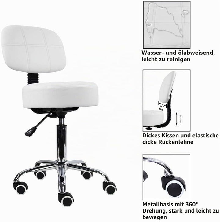 KKTONER Rollhocker Arbeitshocker mit Rückenlehne Höhenverstellbarer 50-64cm PU Leder Weiss, Weiss