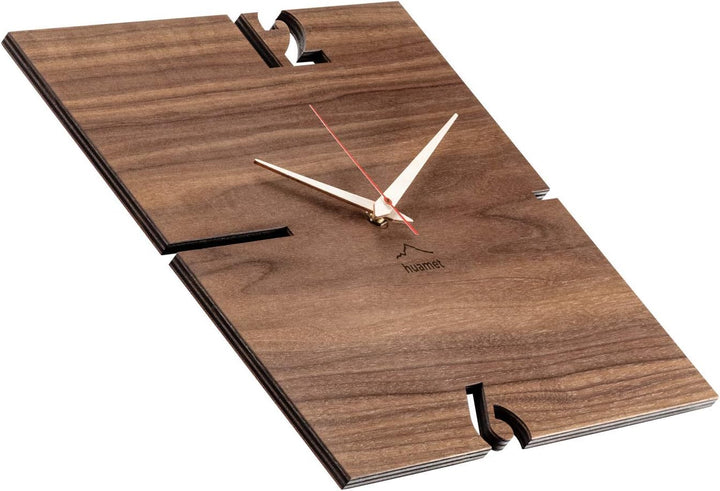 huamet Wanduhr Holz PUHR aus Nussholz, eckig - einzigartiges Design, geräuschlos ohne Ticken - Quali