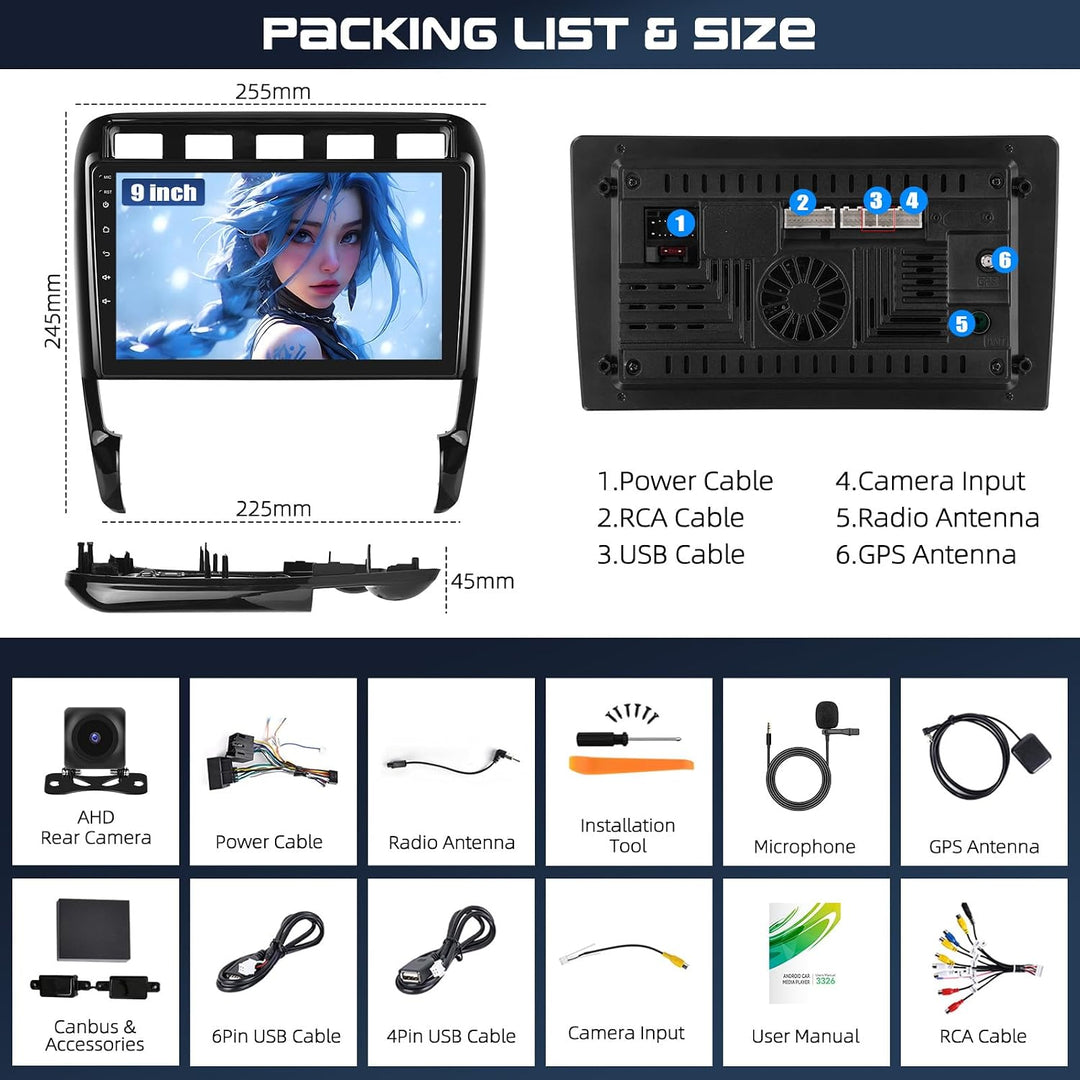 CAMECHO 4+128G 9 Zoll Navi Autoradio für Porsche Cayenne 2002-2010 mit Rückfahrkamera, Android 15 Wi