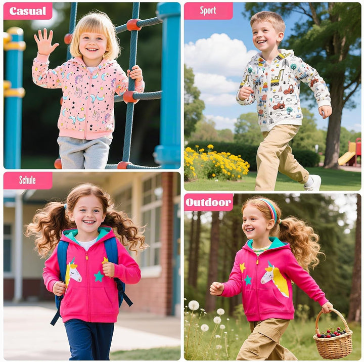 Zip Up Hoodie Jungen Mädchen Kapuzenpullover Langarm Baumwolle Sweatjacke Einhorn Traktor Hoody Swea