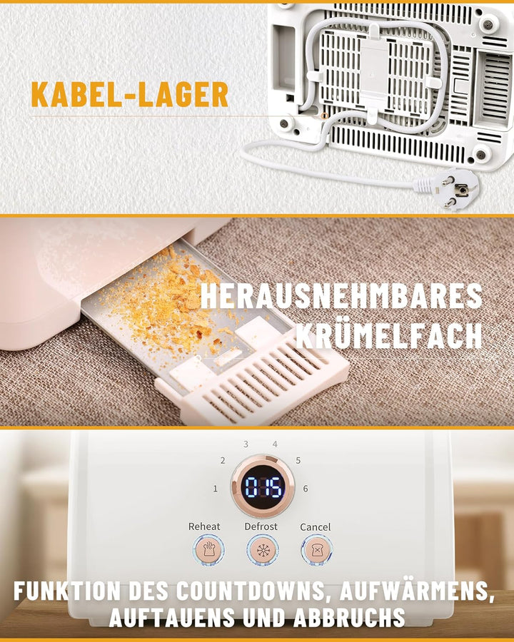 Toaster 2 Scheiben, ZACHVO Toaster mit Brötchenaufsatz, 6 Bräunungsstufe, 850W Herausnehmbare Krümel