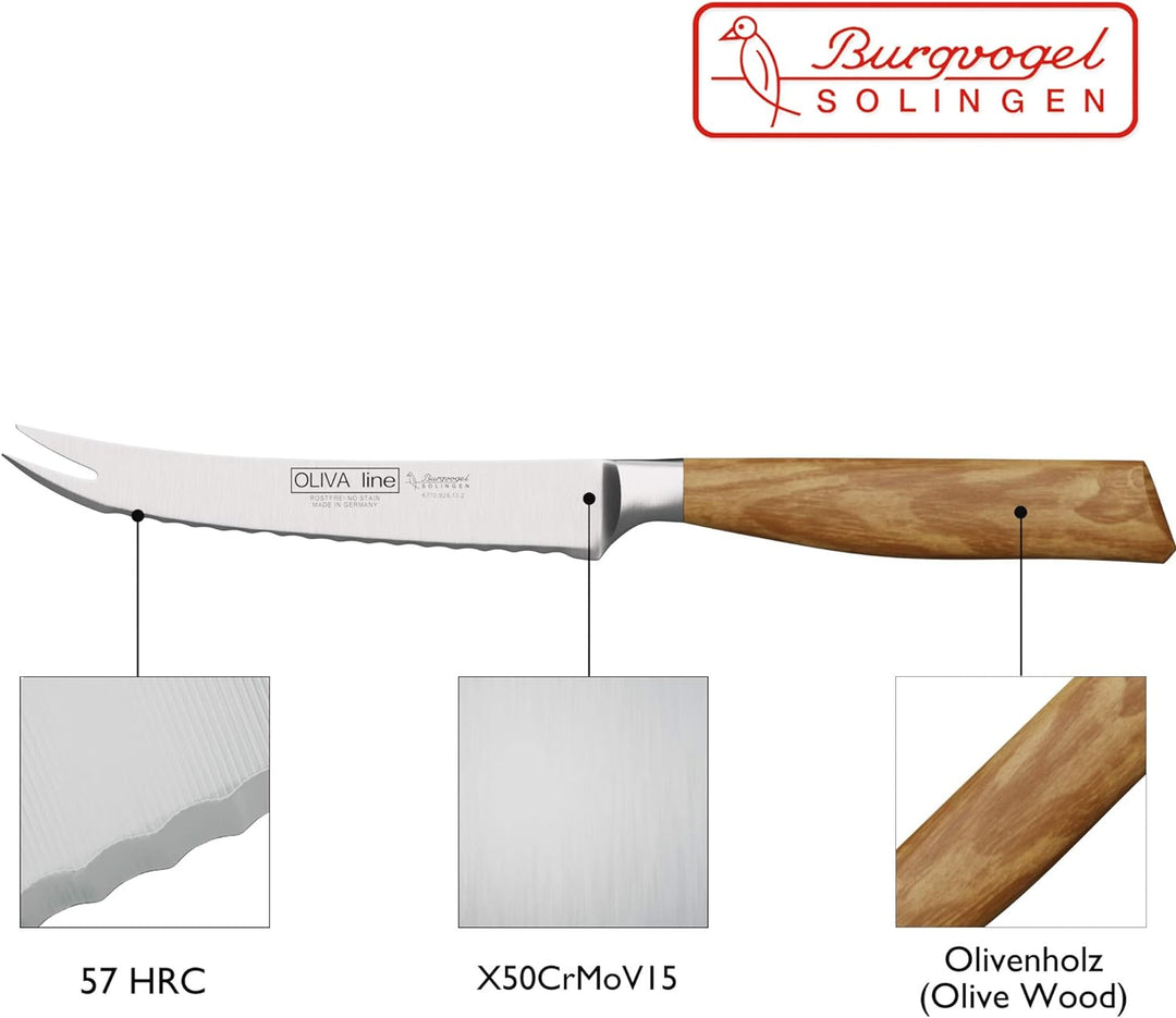 Burgvogel Solingen Tomatenmesser 13 cm geschmiedet Olivenholz, Oliva Line, Wellenschliff, rostfrei,