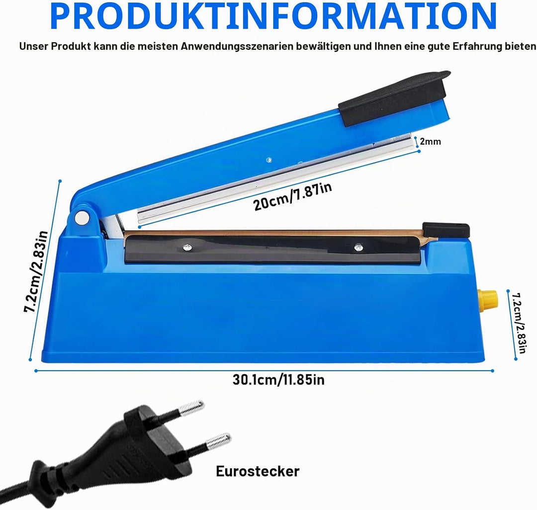 Folienschweissgerät, 200mm Heisssiegelgerät mit 2mm Dichtungsbreite Tragbares, Versiegelungsgerät, V