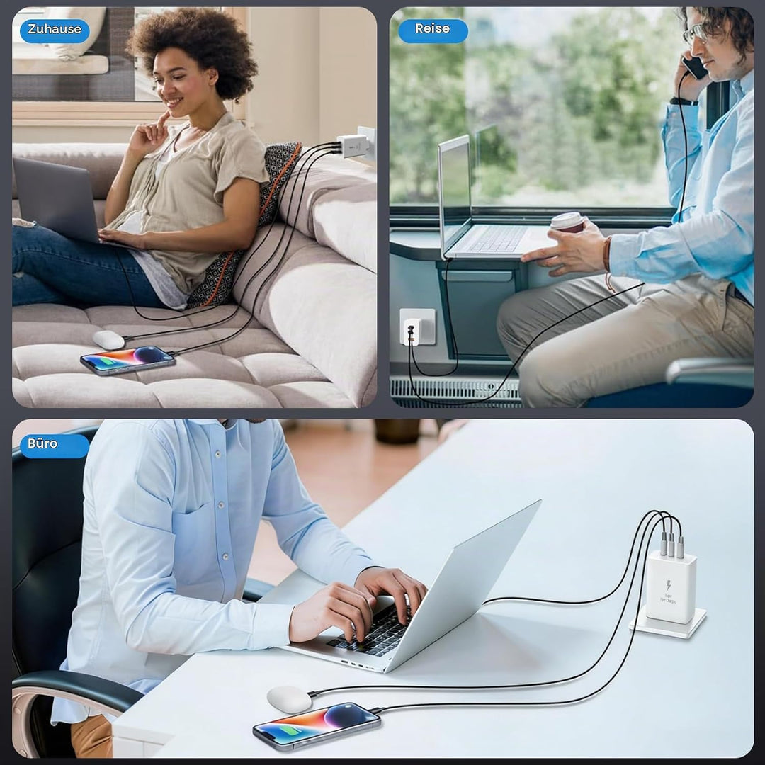 100W USB C Ladegerät, 3-Port GaN Schnellladegerät mit USB C &amp; Lightning Kabel Mehrfach Ladegerät Kom