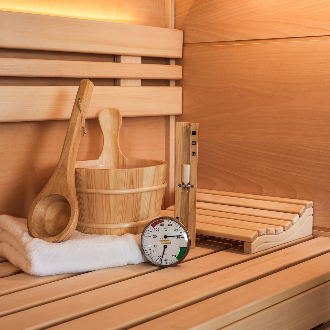 SUNNYDEALS klassisches Saunazubehörset | Saunaset 5-teilig aus naturbelassenem Holz | Saunaeimer &amp; K