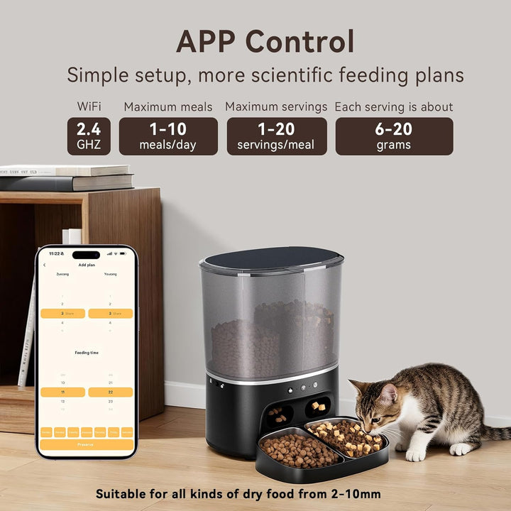 Futterautomat Katze, 2 Näpfe automat Katzenfutter mit APP, 8L Doppel Futterspender Katze, 2.4G WiFi