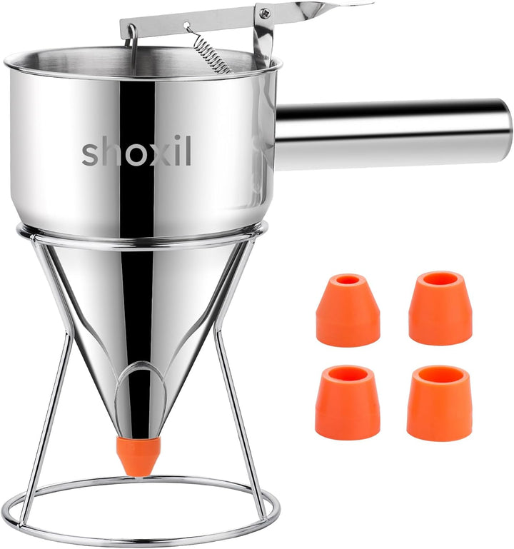 Shoxil Pfannkuchenteigspender, 600 ml, mehrkalibriger Edelstahl-Trichter-Kuchenspender mit Ständer,
