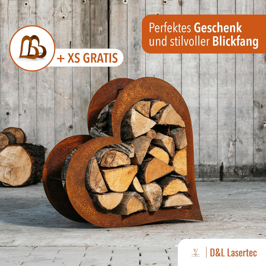 D&L Lasertec Herz aus Metall - Herz für Kaminholz - Regal aus Rost Edelrost Holzregal für Garten Ter