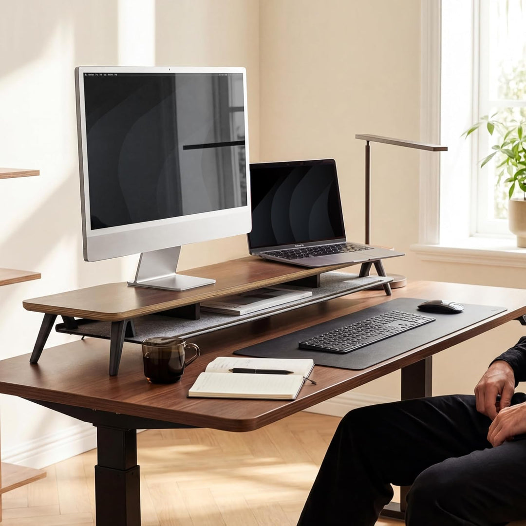 Fenge Monitorständer 108 cm, Massivholz, Doppel-Monitorerhöhung, mit Tablet/Handy/Stifthalter und Or