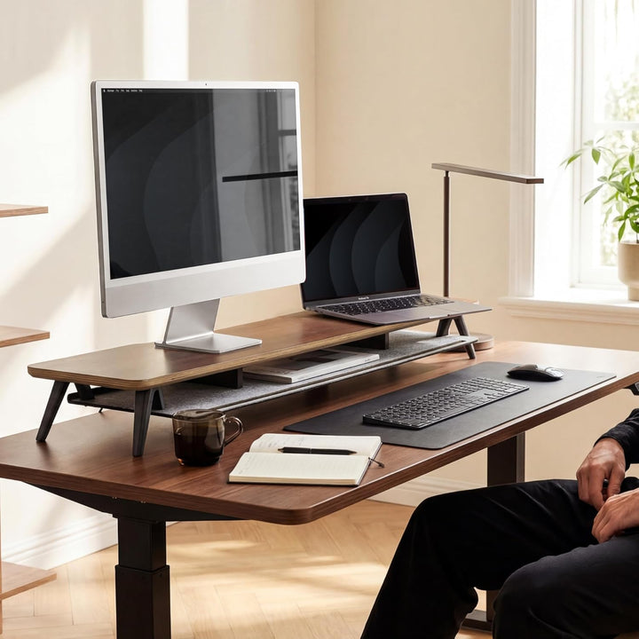 Fenge Monitorständer 108 cm, Massivholz, Doppel-Monitorerhöhung, mit Tablet/Handy/Stifthalter und Or