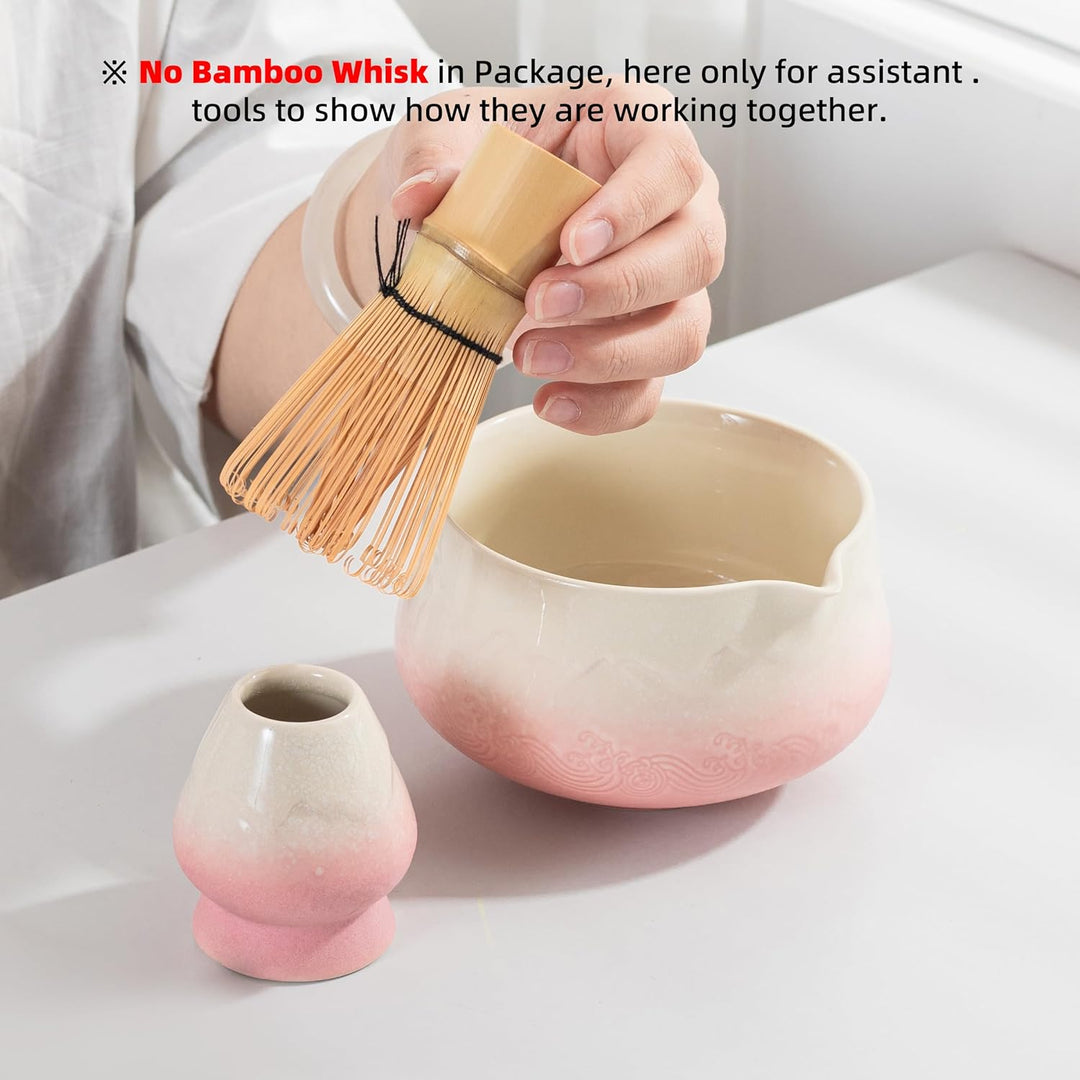 TEANAGOO Matcha Schale mit Ausgiesser,2-Pcs Fuji Design Keramik Schale und Schneebesen Halter(chawan