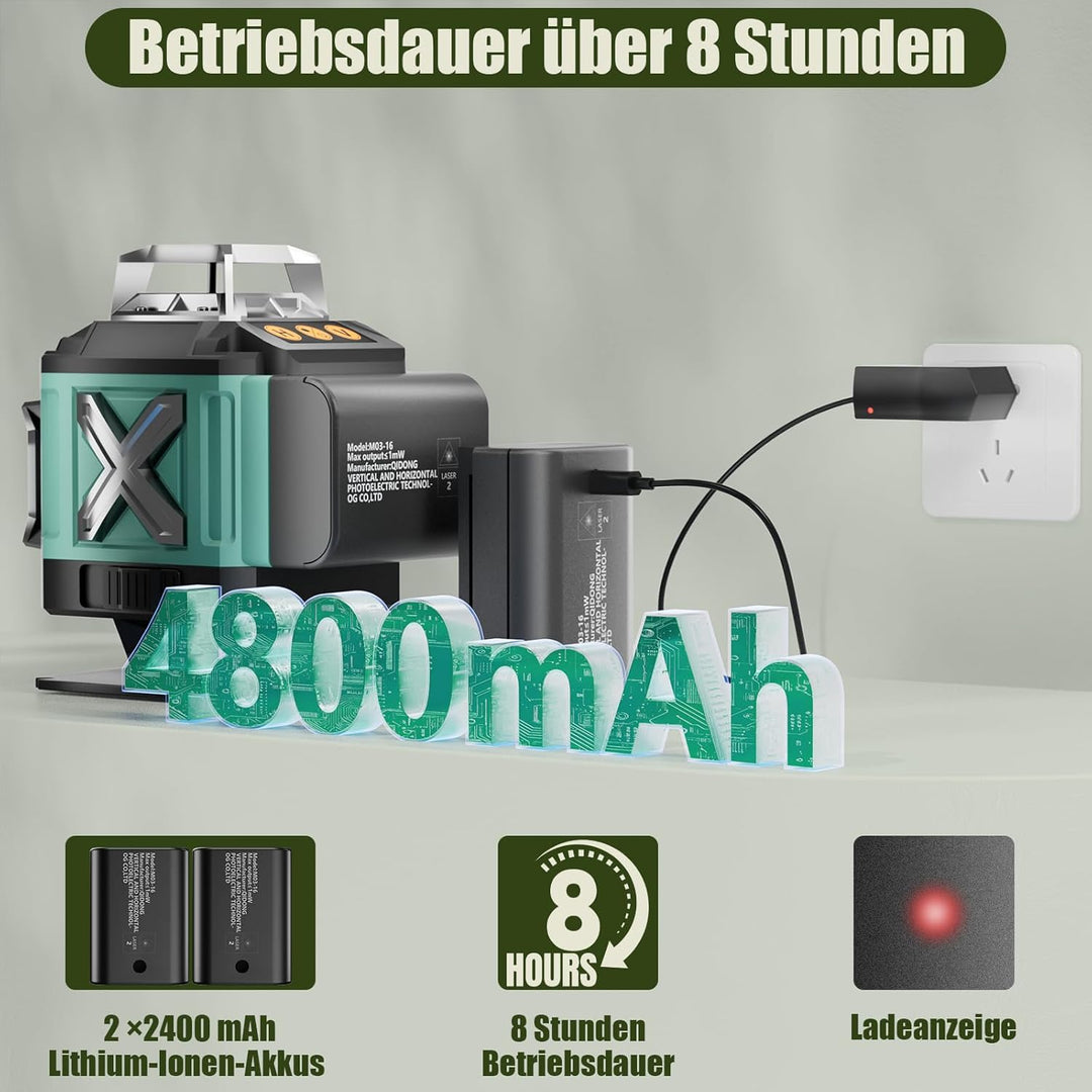 Kreuzlinienlaser Grün 16 Linien Nivellierlaser, 4 x 360 °Laser Wasserwaage Selbstnivellierend, Linie