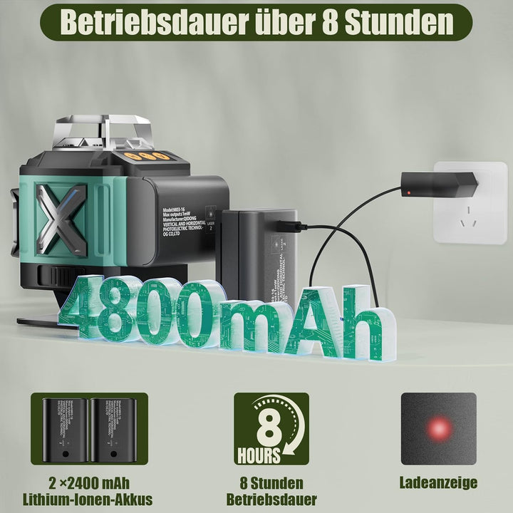Kreuzlinienlaser Grün 16 Linien Nivellierlaser, 4 x 360 °Laser Wasserwaage Selbstnivellierend, Linie