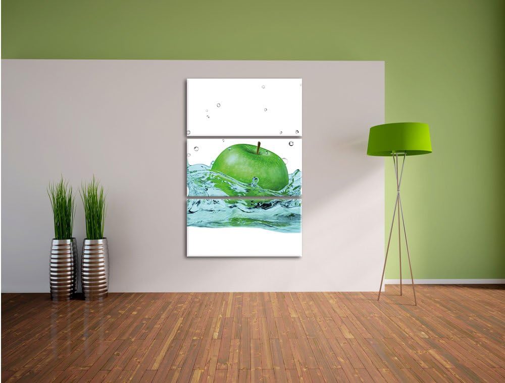 Pixxprint Grüner Apfel fällt in Wasser als Leinwandbild/Grösse: 3 Teilig (120x80) cm/Wandbild/Kunstd