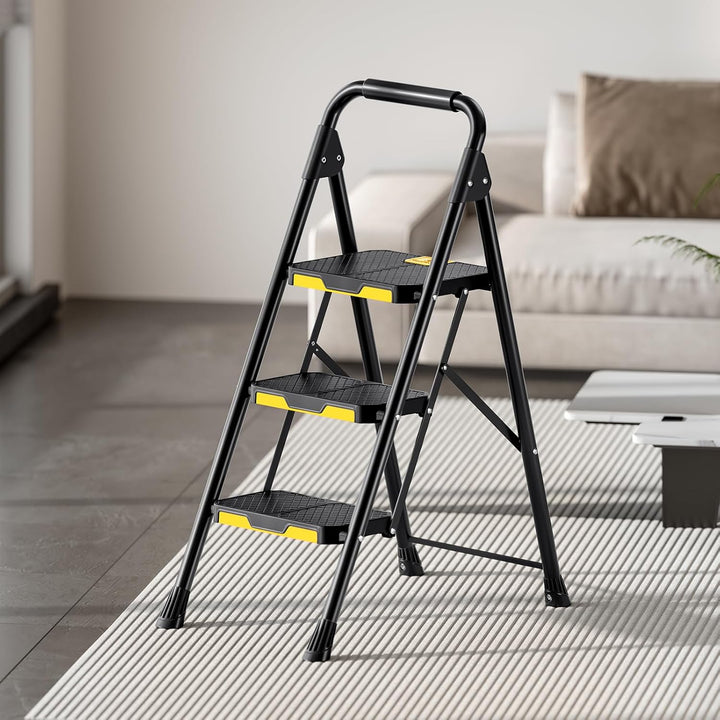 KINGRACK 3 Stufenleiter, 3 Stufen klappbar mit rutschfestem, breitem Pedal und Handläufen, leichte H