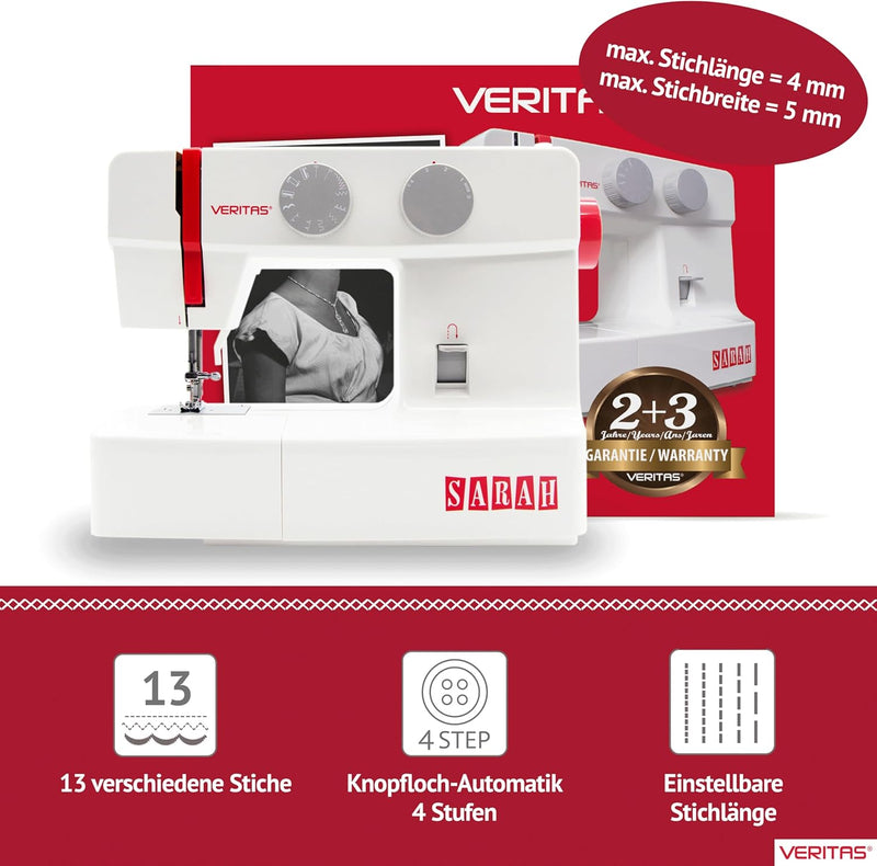VERITAS Sarah - Mechanische Nähmaschine für Näh-Anfänger & Einsteiger mit 13 Stichprogrammen, Freiar