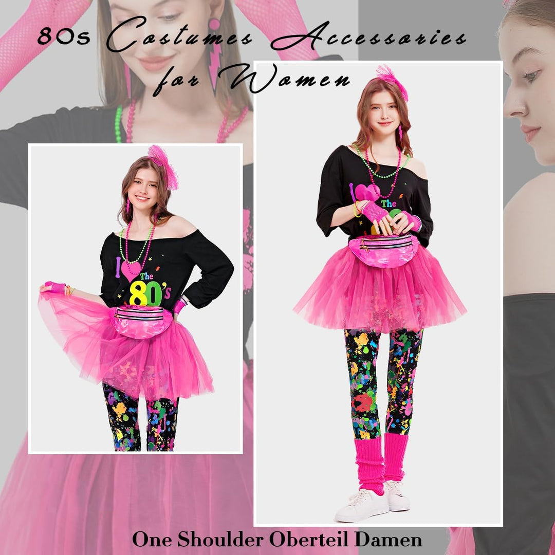 80er 90er Jahre Outfit Leggings Bunte Damen, Neon Kleidung Bauchtasche TuTu Stirnband Ohrring Halske