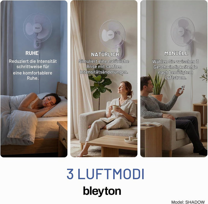 BLEYTON Shadow Wandventilator, leise, mit Fernbedienung, Weiss, 40 W, 3 Geschwindigkeitsstufen, Time