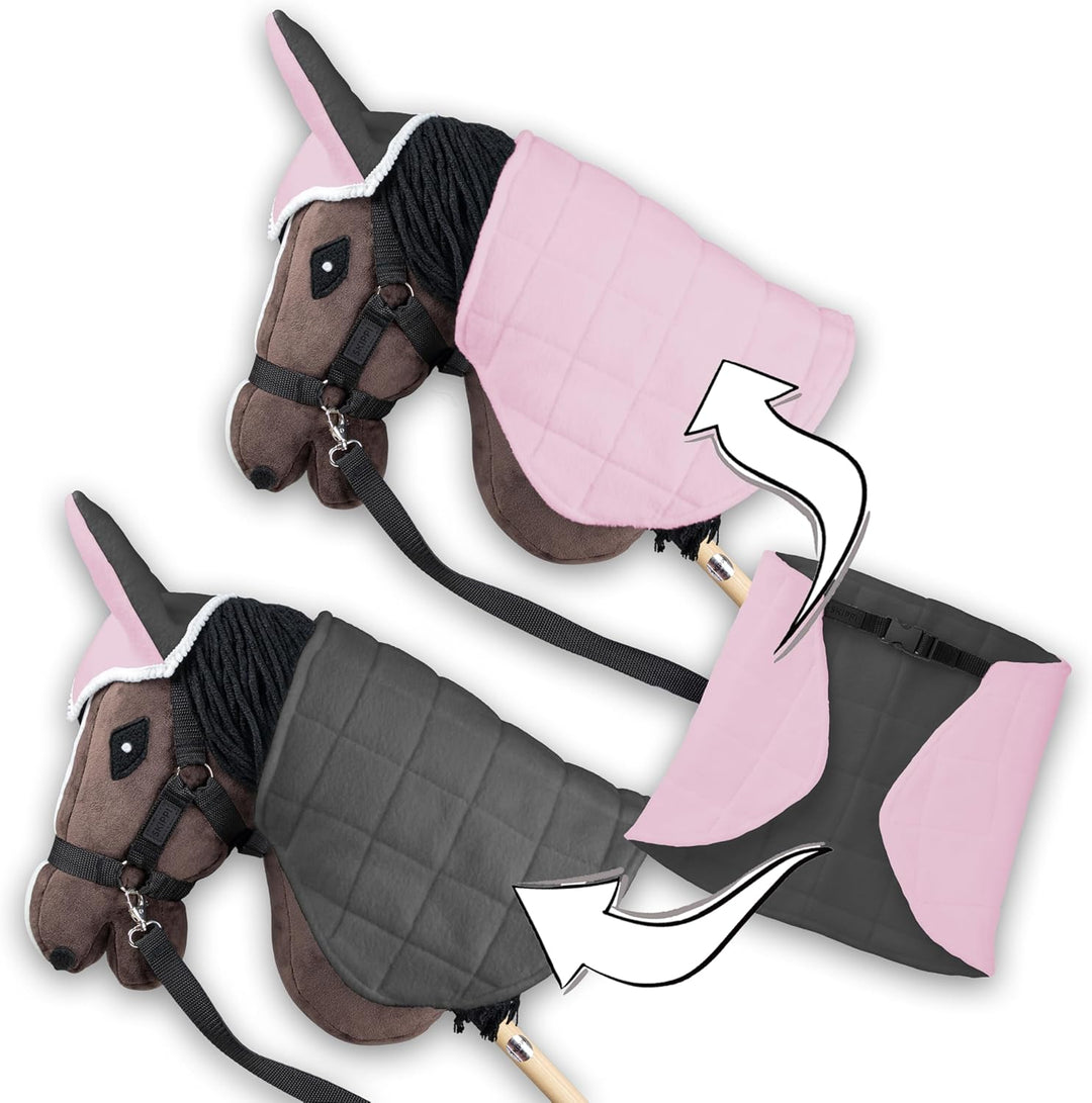 SKIPPI Wendbare Decke und Fliegenhaube für Hobby Horse – Rosa und Graue, Hobby Horse Zubehör, Zweifa
