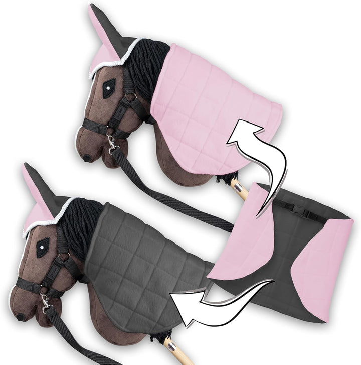 SKIPPI Wendbare Decke und Fliegenhaube für Hobby Horse – Rosa und Graue, Hobby Horse Zubehör, Zweifa