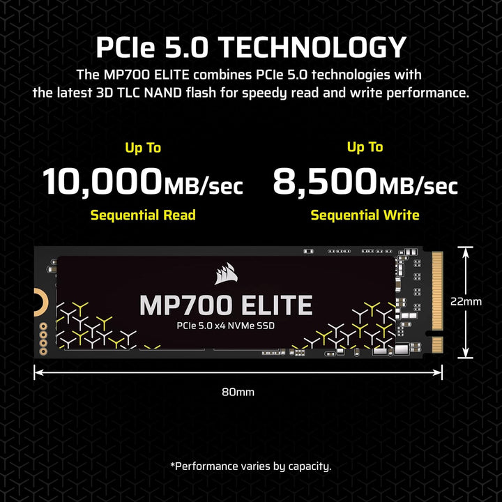 Corsair MP700 Elite 2TB PCIe 5.0 x4 NVMe M.2 SSD – Bis zu 10,000MB/sec – Hohe Dichte 3D TLC NAND – M