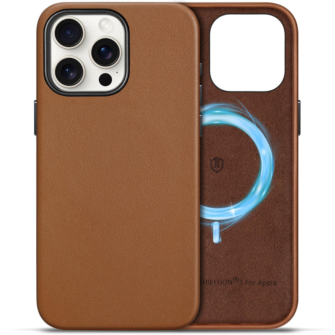 SHIELDON Hülle für iPhone 15 Pro Max Handyhülle Schutzhülle [Echtleder] [Kabellos Laden] [Elegant Au