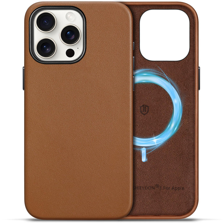 SHIELDON Hülle für iPhone 15 Pro Max Handyhülle Schutzhülle [Echtleder] [Kabellos Laden] [Elegant Au