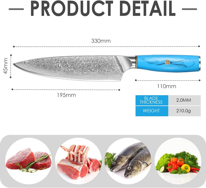 Home Safety Damast Küchenmesser, Kochmesser Damastmesser mit extrem Scharf 19.5 cm Klinge Chefmesser