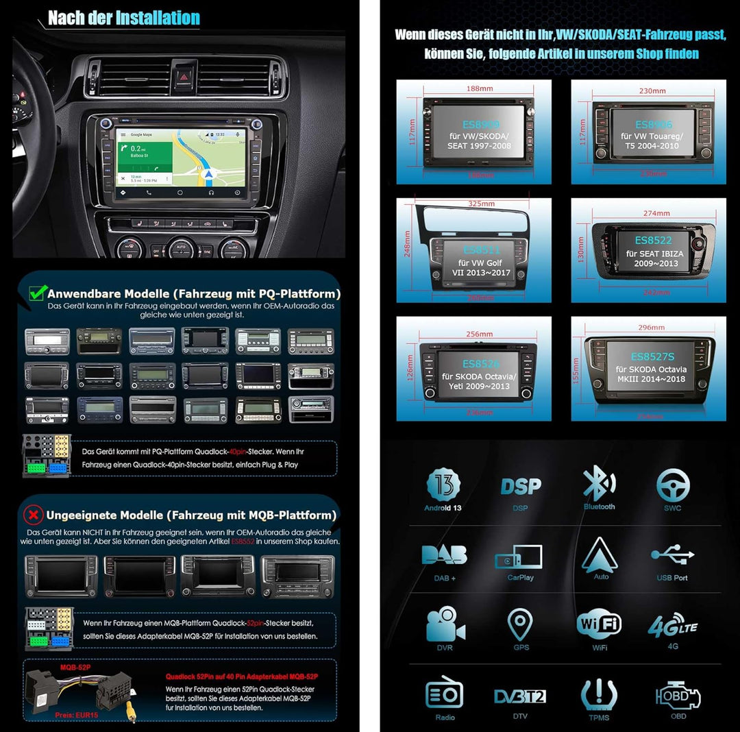 8 Zoll 8-Kern Android 14 Autoradio GPS Navi für VW Golf 5/6 Caddy Polo Passat Touran Tiguan T5 Multi