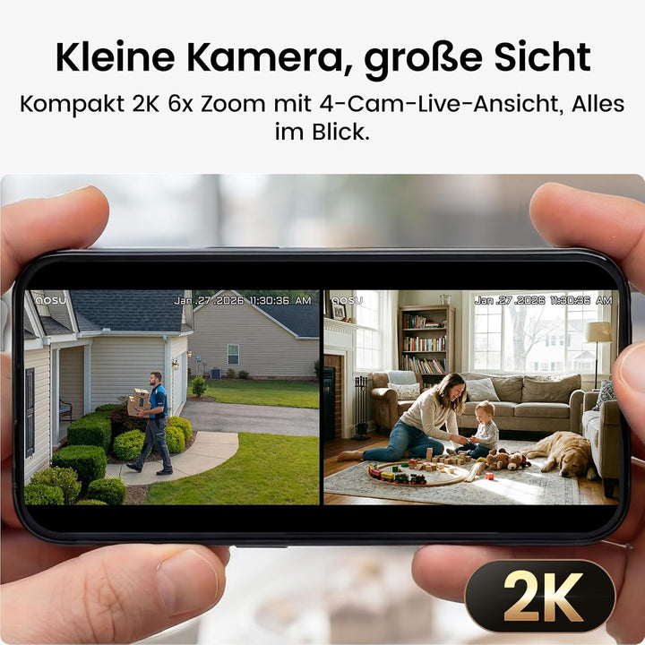 aosu 2K Überwachungskamera Aussen Akku 2er-Kit mit Aosubase 2.0 ohne ABO 32GB Lokal Speicher Kabello