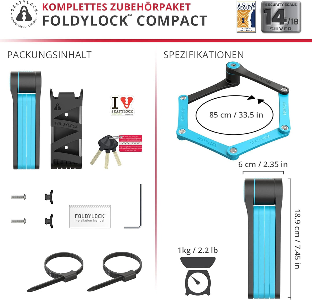 FoldyLock Compact Fahrrad Faltschloss – Patentiertes Testsieger Fahrradschloss mit Schlüssel und Hal