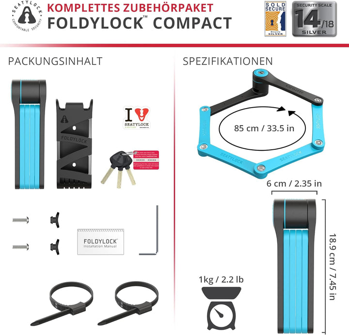 FoldyLock Compact Fahrrad Faltschloss – Patentiertes Testsieger Fahrradschloss mit Schlüssel und Hal