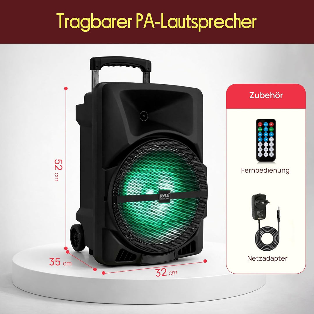 Pyle Musikbox Bluetooth Gross, 800W Party Lautsprecher mit DJ- Lichtern, Teleskopgriff & Rollen, FM,