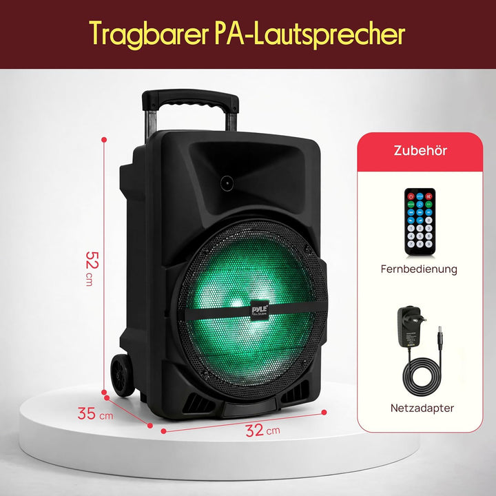 Pyle Musikbox Bluetooth Gross, 800W Party Lautsprecher mit DJ- Lichtern, Teleskopgriff & Rollen, FM,